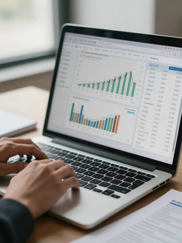 Close-up of a laptop screen displaying a financial dashboard with charts and account data, hands resting on the keyboard, natural daylight from an office window reflected on the screen, documents visible beside the laptop