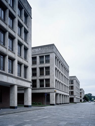 Wide panoramic shot of mid-century civic architecture, clean lines, overcast daylight, cool slate tones, generous negative space on the right