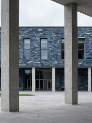 Wide architectural shot of a modern civic building with clean concrete pillars, soft overcast daylight, cool slate tones, 35mm lens
