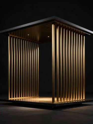 Abstract architectural lines of a modern luxury pavilion, dramatic low-key studio lighting, deep obsidian and gold tones, macro lens perspective.