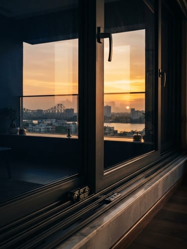 Sleek architectural aluminium sliding window tracks in a luxury Kolkata apartment, dramatic golden-hour light reflecting on flawless double-glazed glass, deep navy shadows, sharp focus, 35mm lens