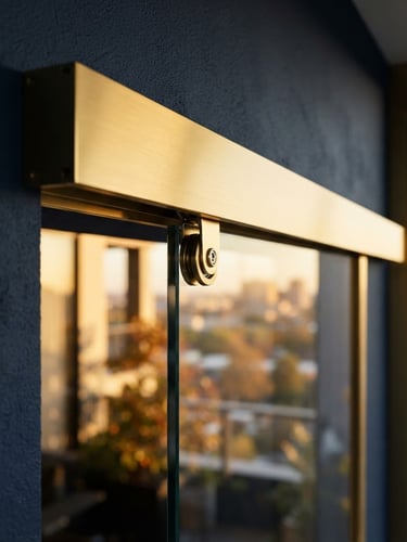 Close-up of sleek gold-anodized aluminium track with flawless glass reflections, dramatic golden-hour window light, sharp focus, luxury architectural photography