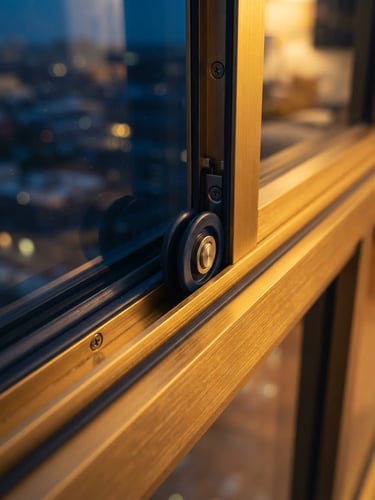 Macro close-up of a gold-anodized aluminium sliding window track, gleaming glass reflection, dramatic architectural lighting, sharp focus, luxury photography