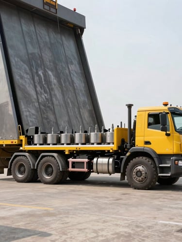 Industrial field photography of a heavy-duty service truck rigged with steel test weights parked beside a massive truck scale in an open industrial yard, high contrast daylight