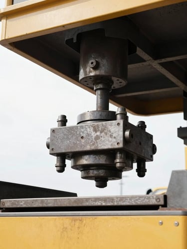 Close-up of a heavy steel load cell beneath a massive truck scale platform, bright daylight, high-contrast mechanical details