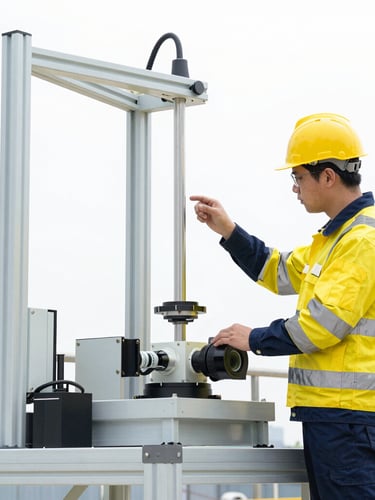 A certified technician in safety gear inspecting a mechanical load cell assembly under a platform scale, bright daylight, high contrast, industrial field photography