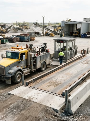 A heavy-duty service truck parked next to a massive concrete truck scale in an industrial yard, bright daylight, high-contrast steel tones