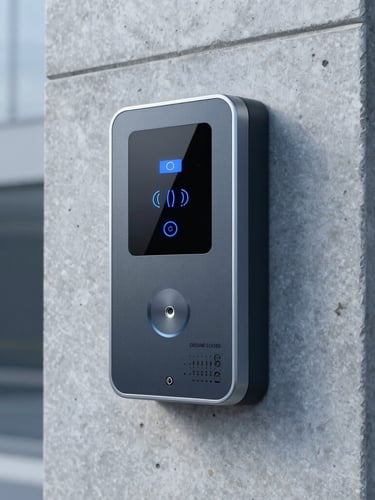 Sleek technical photography of high-end biometric access control terminal integrated into a concrete wall of a modern corporate building, cool lighting, sharp focus