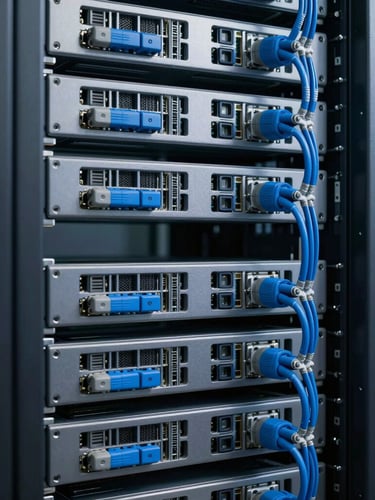 Sleek technical photography of server racks with immaculate blue and gray cabling, sharp focus on hardware, cool commercial lighting, 35mm