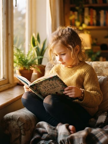 A warm editorial photograph of a young child reading a book under soft golden-hour window light, rich gentle tones, shallow depth of field, 35mm