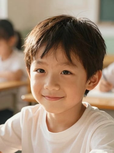 Warm editorial photography of a young child smiling softly in a sunlit classroom, soft natural golden-hour light, rich gentle tones, shallow depth of field, 35mm