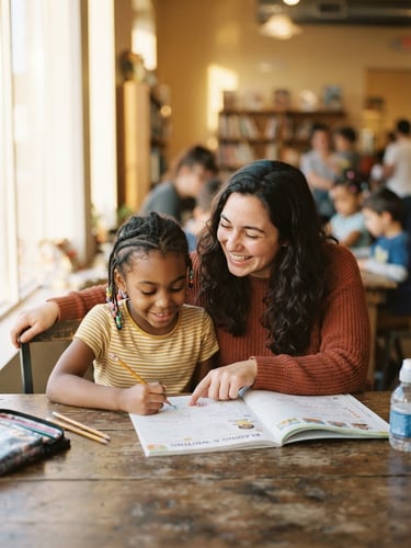 Warm editorial photo of a local volunteer smiling while tutoring a young child at a wooden table, soft golden-hour window light, shallow depth of field.