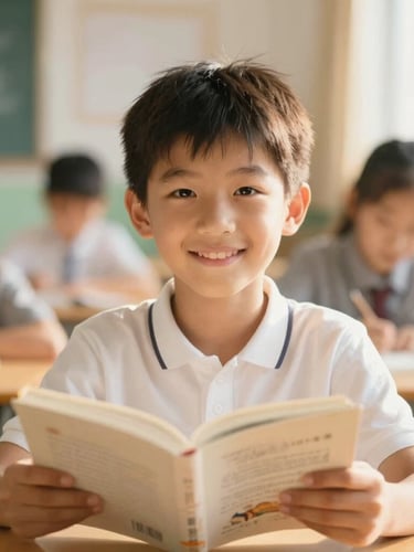 Warm editorial portrait of a young boy smiling in a sunlit classroom, holding a book, soft focus background, shallow depth of field, 35mm