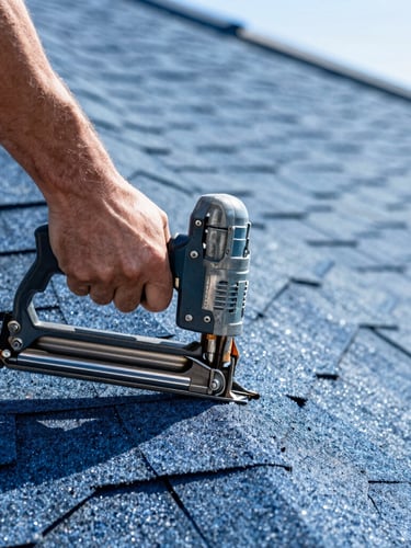 Close-up macro shot of a worker using a nail gun to install architectural shingles on a residential roof, bright direct daylight, high-contrast blue tones, 35mm