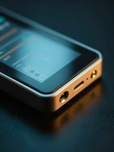 Close-up macro shot of a physical hardware wallet resting on a dark reflective surface, moody cyan and gold backlighting, sharp focus, 35mm