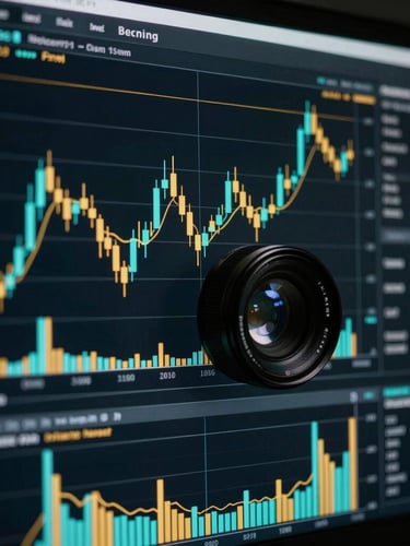 High-contrast digital terminal screen showing cyan and gold candlestick charts, dark-themed macro technical analysis interface, 35mm lens