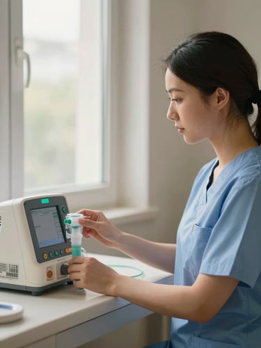 A professional female nurse in clean scrubs adjusting a home ventilator monitor under soft window light, warm tones, shallow depth of field