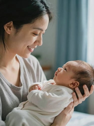 A warm, softly lit room with a mother smiling gently at her newborn baby wrapped in a soft blanket, a caregiver's hands supportive, 35mm photography