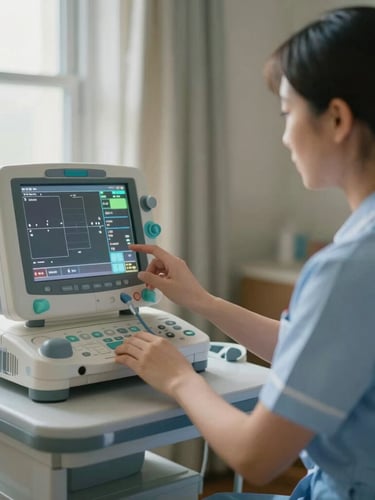 A certified nurse adjusting a modern clinical ventilator screen under soft window light in a clean, quiet home bedroom, shallow depth of field, 35mm
