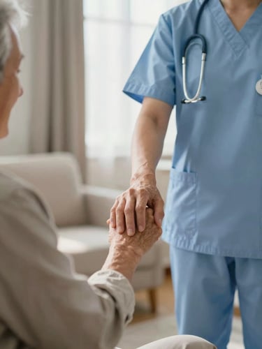 A certified nurse in clean blue scrubs gently holding an elderly patient's hand in a warm, sunlit living room, 35mm photography, soft lighting
