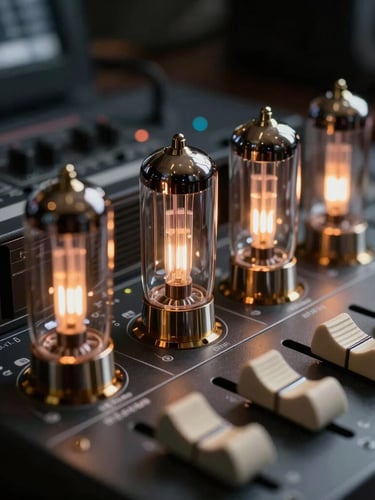 Extreme close-up of premium studio hardware, glowing vacuum tubes, and gold-accented faders in a dark control room