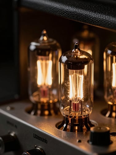Extreme close-up macro shot of glowing vacuum tubes inside a dark vintage amplifier, warm gold backlights, sharp chiaroscuro, pure black negative space on the left.