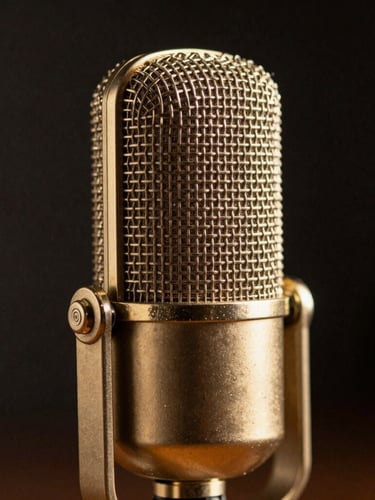 Dramatic close-up of a gold-plated vintage condenser microphone capsule in a dark studio setting, catching warm backlighting on its metallic mesh.