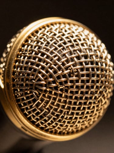 Extreme close-up macro shot of a gold-plated microphone capsule, warm backlighting, dark obsidian background, sharp focus on the metallic mesh.