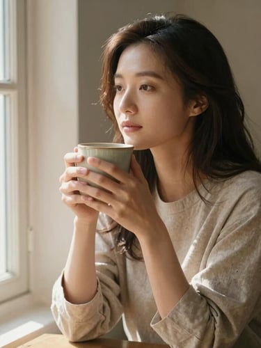 Candid medium shot of a woman in her thirties sitting by a sunlit window, holding a warm ceramic mug with both hands, soft diffused morning light, relaxed posture.