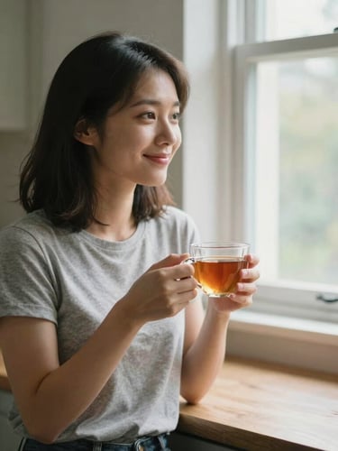 Candid environmental portrait of Bren sitting in a cozy kitchen, smiling softly, holding a warm cup of tea, looking towards a sunny window, natural diffused light