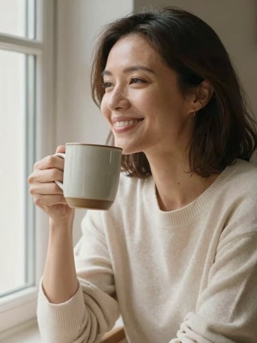 Candid medium shot of Bren, a warm and welcoming woman in her thirties, sitting by a bright window with a ceramic mug, soft natural morning light, warm cream tones, unposed and authentic.