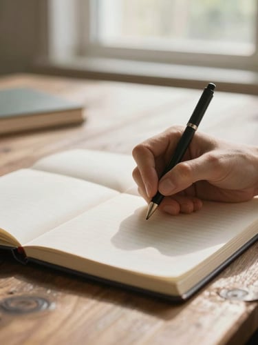 Close-up of hands writing gently in an open notebook on a rustic wooden table, soft morning light filtering through a window, warm and calm atmosphere.
