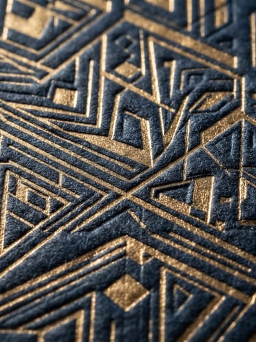 Macro studio photography of embossed gold foil stationery on heavy navy paper stock, sharp geometric side-lighting, tactile textures