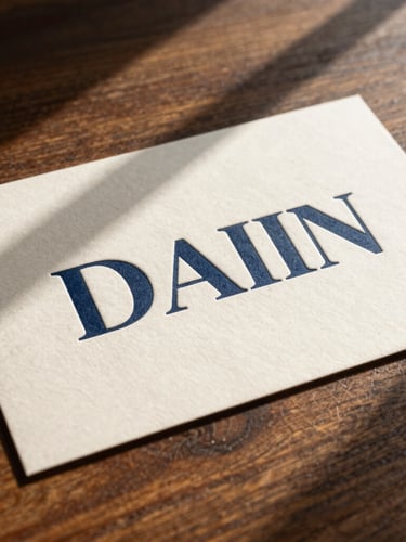 Tactile physical brand collateral, embossed cream paper with deep navy letterpress typography, sitting on a dark oak wood table with sharp diagonal window shadows