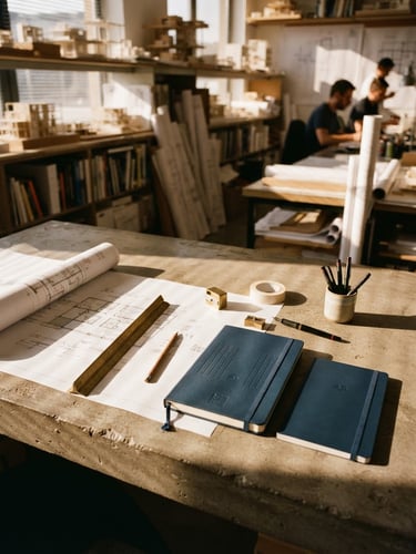 Architectural studio workspace with sharp geometric shadows, warm golden-hour light cutting across a concrete desk with embossed navy stationery, editorial 35mm photography