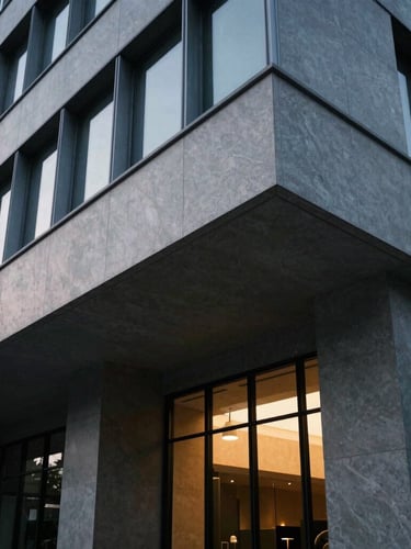 Modern corporate architecture with sharp angles, deep shadows, and cool tones with a warm interior light accent.
