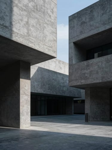 Wide architectural shot of modern corporate concrete structures with sharp angles and deep shadows, low-key cool lighting.