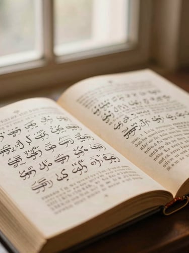 An open historical manuscript of Gurbani with handwritten annotations, captured in warm, soft-focus natural light