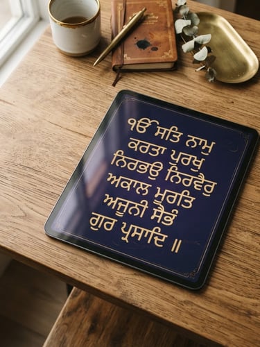A modern tablet mockup displaying elegant Gurmukhi typography, soft golden light reflecting off the screen, minimalist flat-lay on a clean wooden desk, warm editorial photography