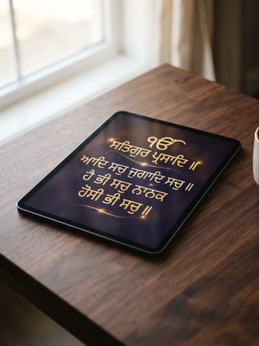 A modern tablet displaying elegant Gurmukhi script, resting on a dark wood table under soft window light