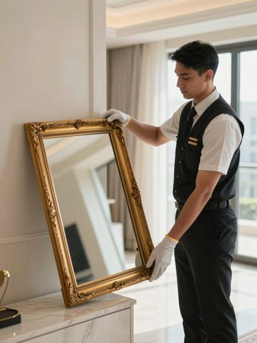 Crisp editorial photography of a uniformed professional mover wearing white gloves carefully handling a gilded mirror frame inside a bright, sunlit luxury Dubai penthouse.