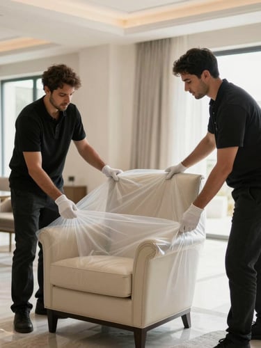 Movers wearing white gloves carefully wrapping a luxury leather armchair in protective fabric inside a brightly lit, spacious Dubai villa.