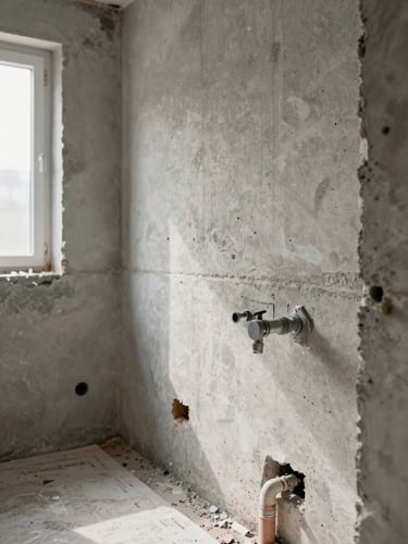 Close-up of a Turin apartment bathroom mid-renovation: bare concrete walls, old fixtures removed, rough plumbing rough-in visible, site protection sheets on floor, natural daylight from a small window