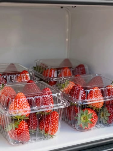Secure cold-chain packaging inside a clean refrigerated transport truck, soft studio light highlighting the glossy texture of fresh strawberries in clear clamshells
