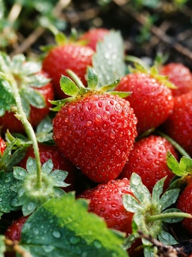 Macro close-up of freshly harvested strawberries with natural dew drops on glossy red skin, vibrant red tones, bright morning daylight, 35mm