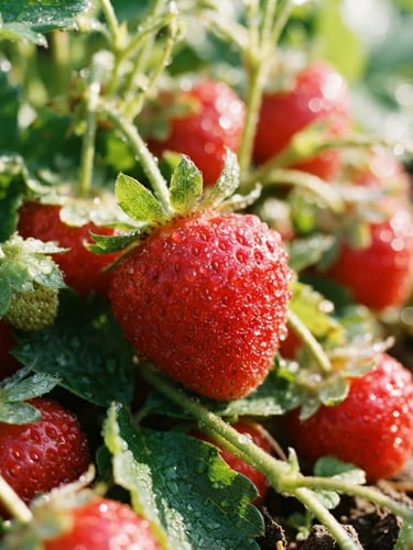 Macro close-up of freshly harvested strawberries with natural dew drops, bright morning daylight, vibrant red tones, 35mm