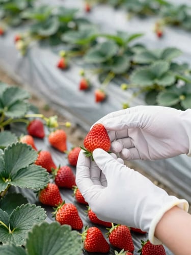 Hands in clean white agricultural gloves inspecting vibrant red strawberries in a pristine, stainless steel packing facility, soft bright daylight, 35mm