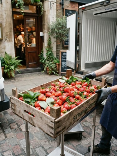Crisp editorial photography of a refrigerated delivery truck parked outside a high-end restaurant kitchen in morning light, fresh strawberry crate visible, 35mm