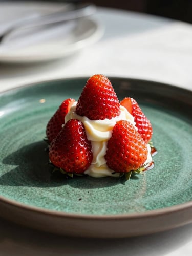 A gourmet dessert featuring glazed strawberries and cream on a dark ceramic plate, fine dining restaurant setting, soft dramatic side lighting, editorial food photography