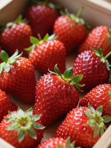 Close-up of freshly harvested strawberries with natural dew drops in a wooden crate, bright morning daylight, vibrant natural tones, 35mm editorial